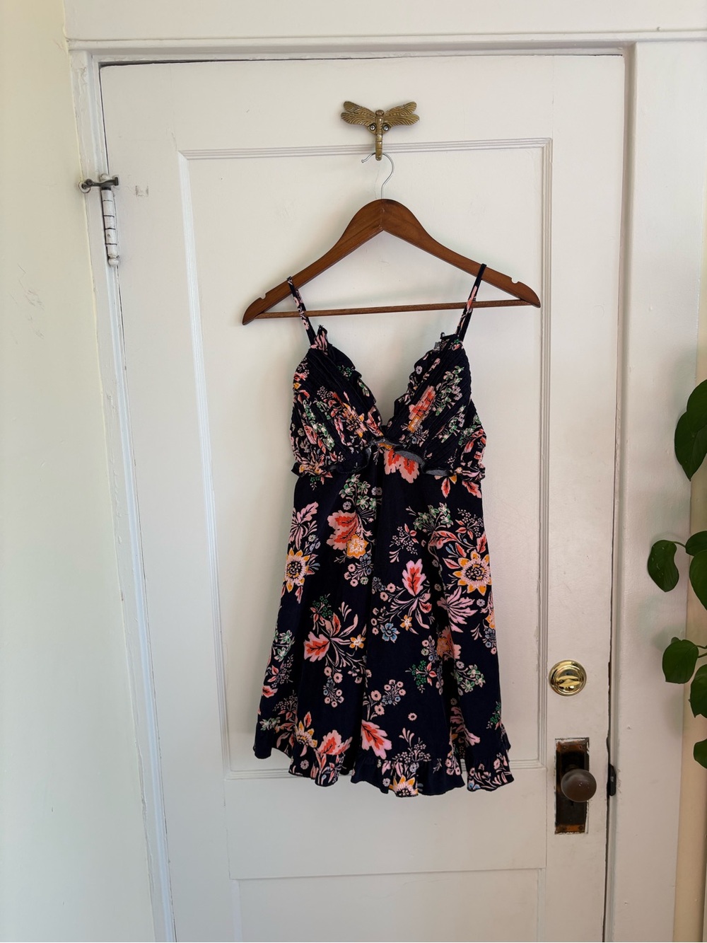 FREE PEOPLE Cord Looking Glass Mini Navy Blue Ruffle Corduroy Floral Small - Picture 4 of 11